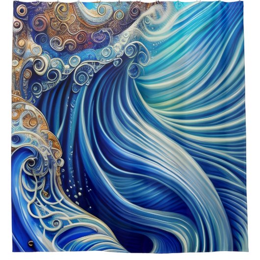 Blauw met gouden Abstracte Ocean Waves Artwork Douchegordijn (Voorkant)