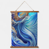 Blauw met gouden Abstracte Ocean Waves Artwork Hangend Wandkleed (Voorkant)