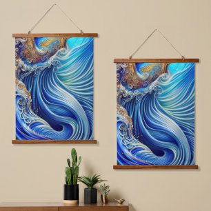 Blauw met gouden Abstracte Ocean Waves Artwork Hangend Wandkleed