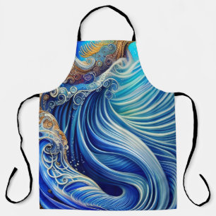 Blauw met gouden Abstracte Ocean Waves Artwork Schort
