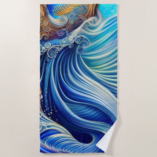 Blauw met gouden Abstracte Ocean Waves Artwork Strandlaken (Voorkant)