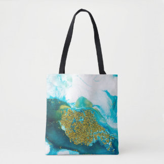 Blauw met gouden glittervloeistofkunst, creatief a tote bag