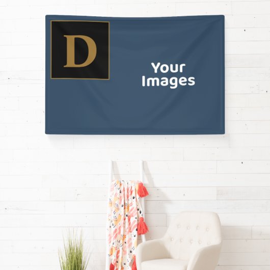 Blauw met gouden Initiaal fotobeeldscherm Spandoek (Insitu)