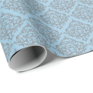 Blauw met grijs Damaspatroon Cadeaupapier