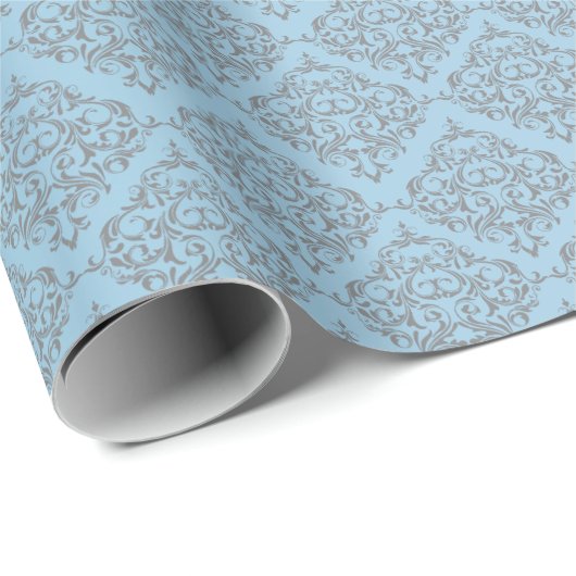 Blauw met grijs Damaspatroon Cadeaupapier (Rol Hoek)