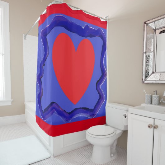Blauw met groot rood hart art design douchegordijn (In situ)