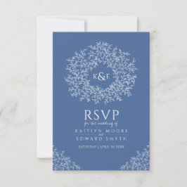Blauw met hand getekend blad monogram RSVP bruilof Kaartje