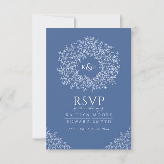 Blauw met hand getekend blad monogram RSVP bruilof Kaartje (Voorkant)
