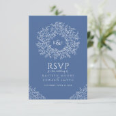 Blauw met hand getekend blad monogram RSVP bruilof Kaartje (Staand voorkant)
