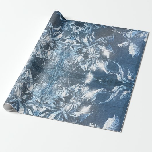  blauw met ingegraven Floral Motif Pattern Glitter Cadeaupapier (Uitgerold)