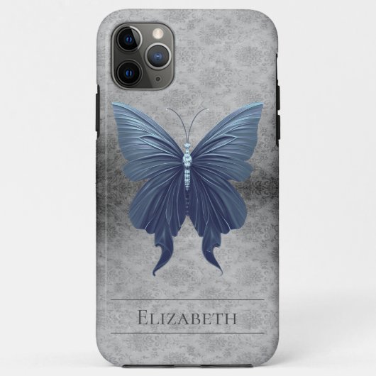 Blauw met juwelen versierde vlinderdamast Case-Mate iPhone case (Achterkant)
