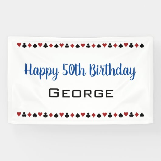 Blauw met Kaart Suits Casino Thema Birthday Spandoek (Horizontaal)