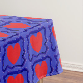 Blauw met kleine rode hartjes en vloeiende glanzen tafelkleed