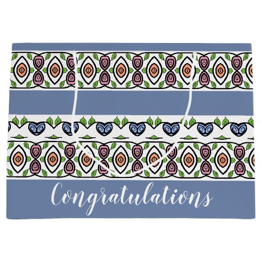 Blauw met kleurrijk patroon groot cadeauzakje (Voorkant)