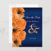 Blauw met Oranje Roos & Daisy - Save The Date Aankondigingskaart (Voorkant / Achterkant)