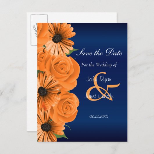 Blauw met Oranje Roos & Daisy - Save The Date Aankondigingskaart (Voorkant / Achterkant)