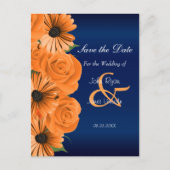 Blauw met Oranje Roos & Daisy - Save The Date Aankondigingskaart (Voorkant)