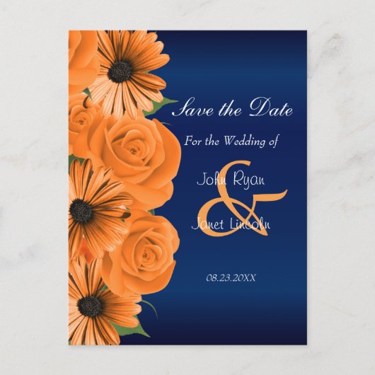 Blauw met Oranje Roos & Daisy - Save The Date Aankondigingskaart (Voorkant)