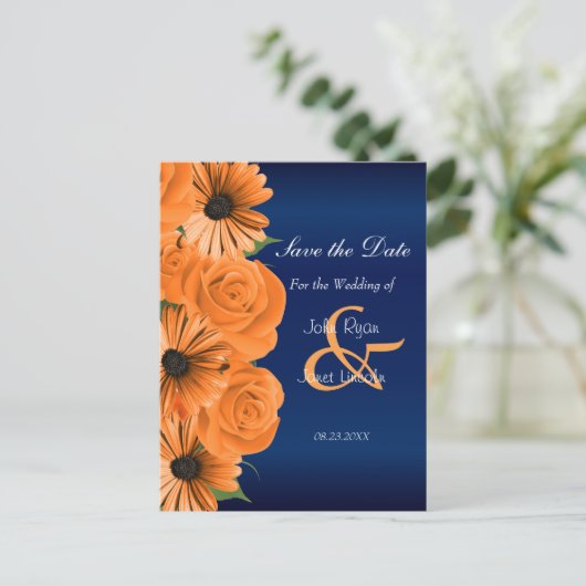 Blauw met Oranje Roos & Daisy - Save The Date Aankondigingskaart (Staand voorkant)