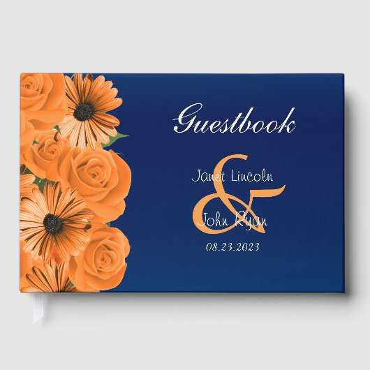 Blauw met Oranje Roos en Daisy Guestbook Gastenboek (Voorkant)
