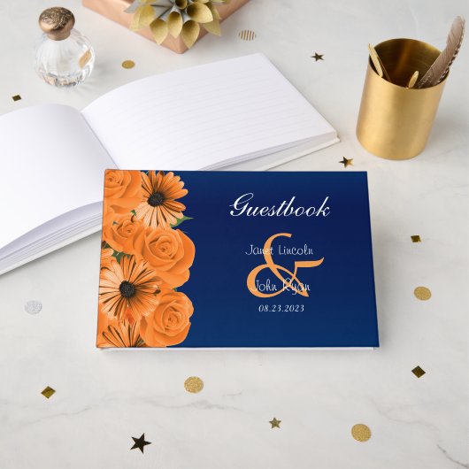 Blauw met Oranje Roos en Daisy Guestbook Gastenboek (Voorkant open)