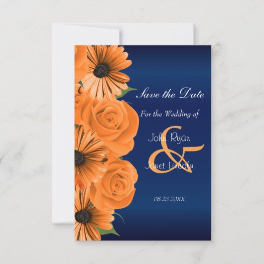 Blauw met Oranje Roos en datum opslaan Save The Date (Voorkant)