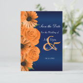Blauw met Oranje Roos en datum opslaan Save The Date (Staand voorkant)