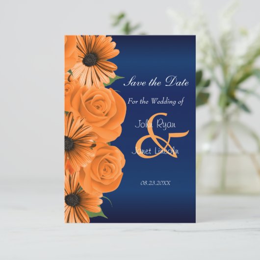Blauw met Oranje Roos en datum opslaan Save The Date (Staand voorkant)