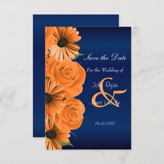 Blauw met Oranje Roos en datum opslaan Save The Date (Voorkant / Achterkant)