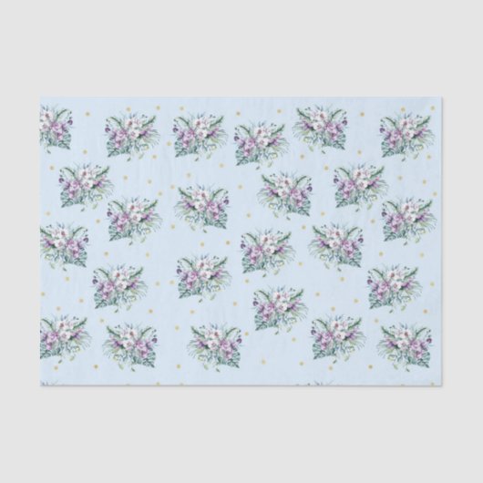 Blauw met paarse bloemen en gouden stippen tissuepapier (Voorkant)