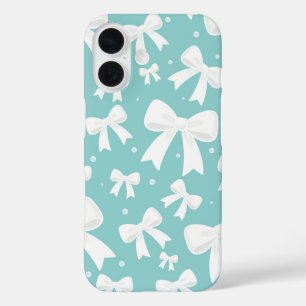 Blauw met parels en witte bogen Coquette iPhone 16 Hoesje