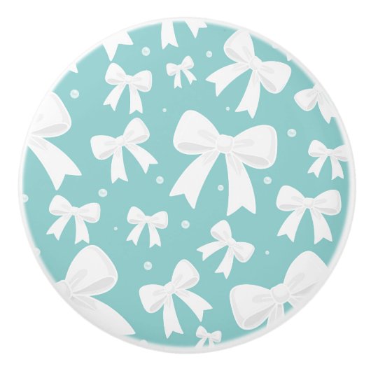 Blauw met parels en witte bogen Coquette Keramische Knop (Voorkant)