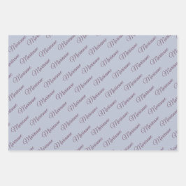 Blauw met pruimentekst. inpakpapier vel