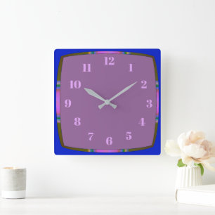 Blauw met regenboogrand en mauve centrum vierkante klok