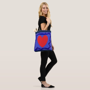 Blauw met rood hart en kunst grens geweldig winkel tote bag
