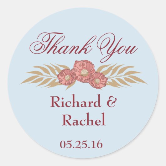 Blauw met roze bloemenaccent Bedankt Ronde Sticker (Voorkant)