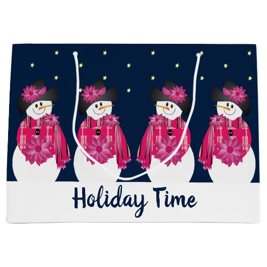 Blauw met roze sneeuwpop groot cadeauzakje (Voorkant)