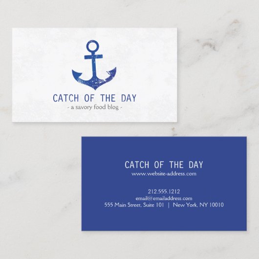 Blauw met rubber gestempeld nautisch anker thema visitekaartje (Voorkant / Achterkant)