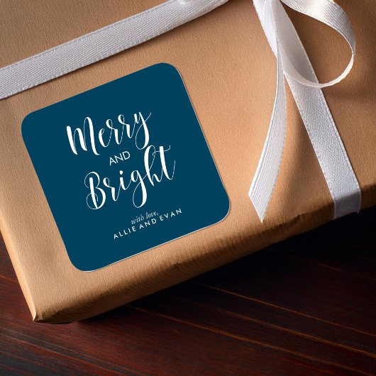 Blauw met scripts Merry en Bright Vierkante Sticker