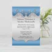Blauw met Sierlijke Zilveren Vlinders Na de Bruilo Kaart (Staand voorkant)