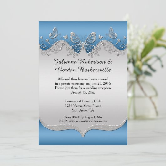 Blauw met Sierlijke Zilveren Vlinders Na de Bruilo Kaart (Staand voorkant)