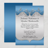 Blauw met Sierlijke Zilveren Vlinders Na de Bruilo Kaart (Voorkant / Achterkant)