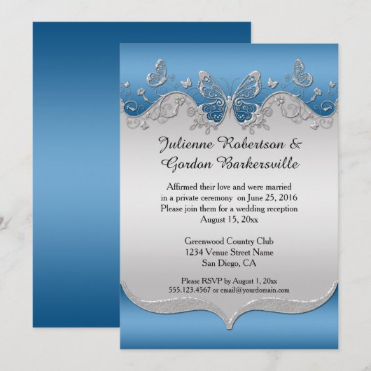 Blauw met Sierlijke Zilveren Vlinders Na de Bruilo Kaart (Voorkant / Achterkant)