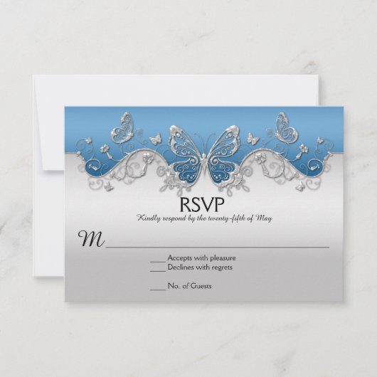 Blauw met  Silver Butterflies RSVP-kaart RSVP Kaartje (Voorkant)