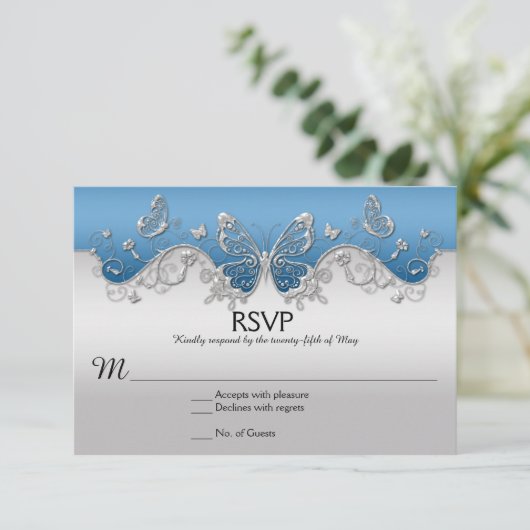 Blauw met  Silver Butterflies RSVP-kaart RSVP Kaartje (Staand voorkant)