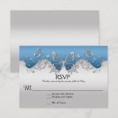 Blauw met  Silver Butterflies RSVP-kaart RSVP Kaartje (Voorkant / Achterkant)