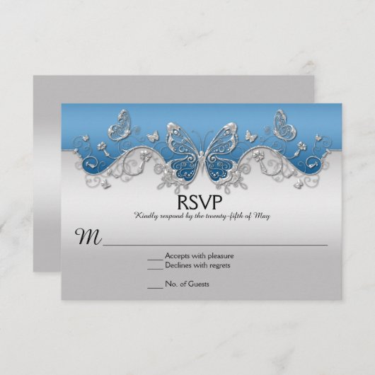 Blauw met  Silver Butterflies RSVP-kaart RSVP Kaartje (Voorkant / Achterkant)