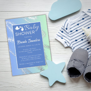 Blauw met Silver Foil Baby shower Invite Folie Feestdagenkaart