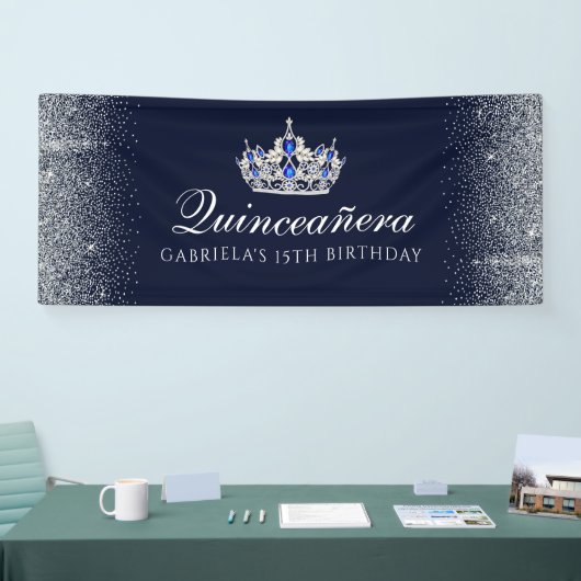 Blauw met Silver Glitter Quinceanera Spandoek (Beurs)