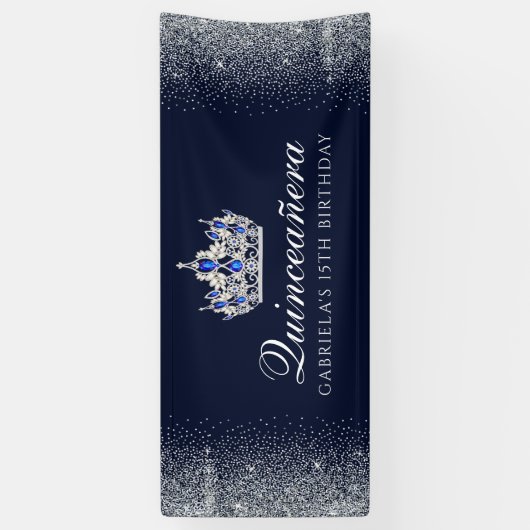 Blauw met Silver Glitter Quinceanera Spandoek (Verticaal)